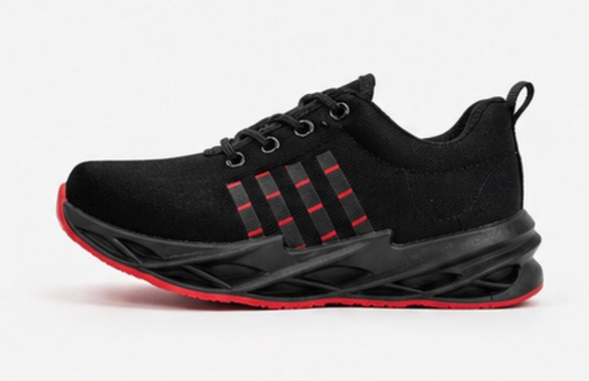 Kids black lace-up trainers with red stripe detail 