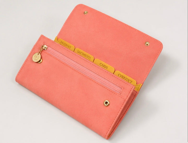 Salmon pink travel wallet purse with gold hardware 