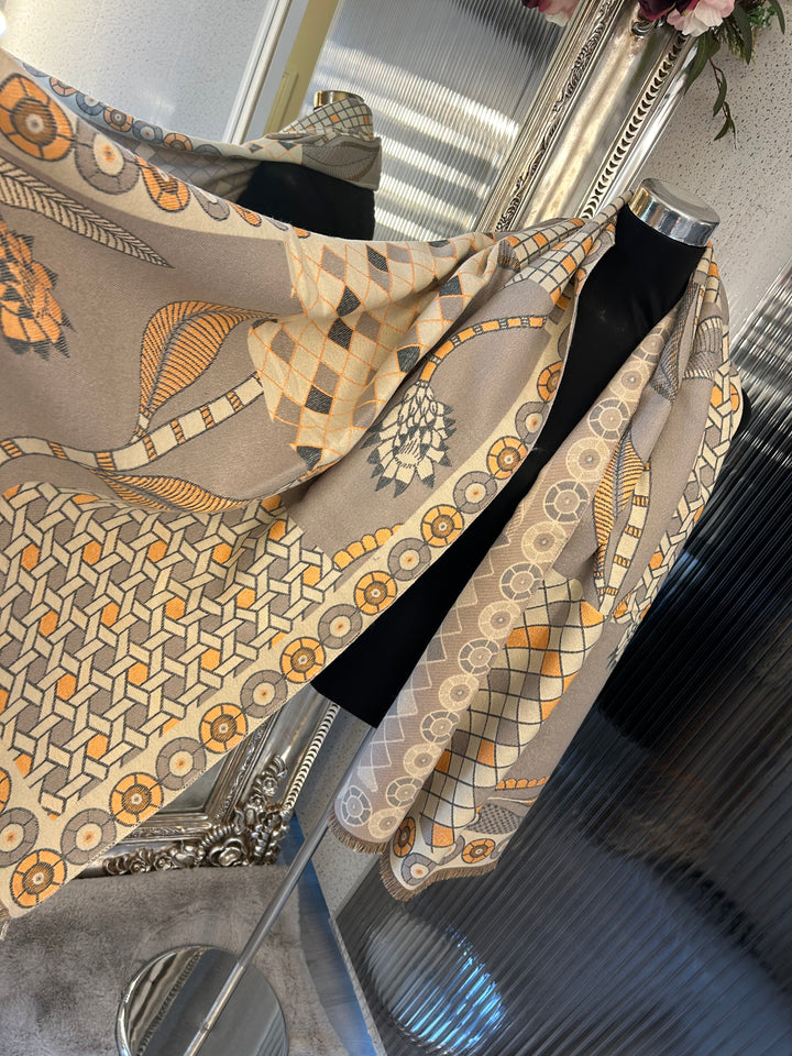 Beige geometric scarf with grey and orange accent 