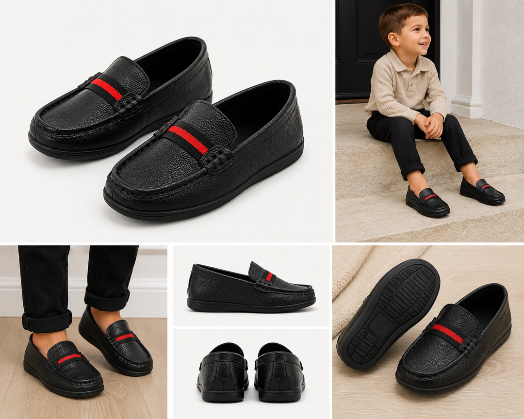 Black kids slip-on loafers with textured faux leather finish and red stripe detail