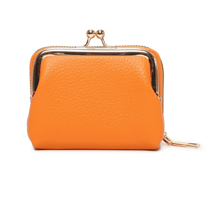A orange clutch purse with gold detail and a zipper closure.