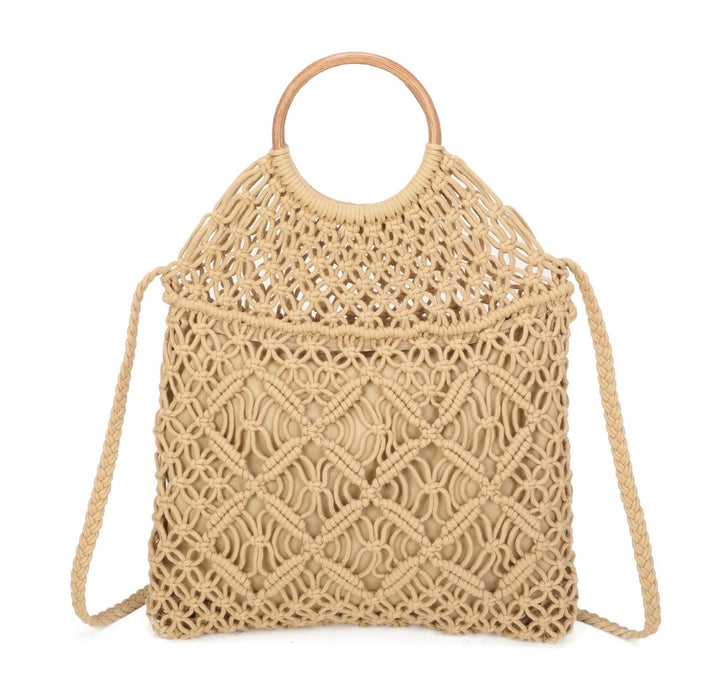 Beige woven handbag with a handle 
