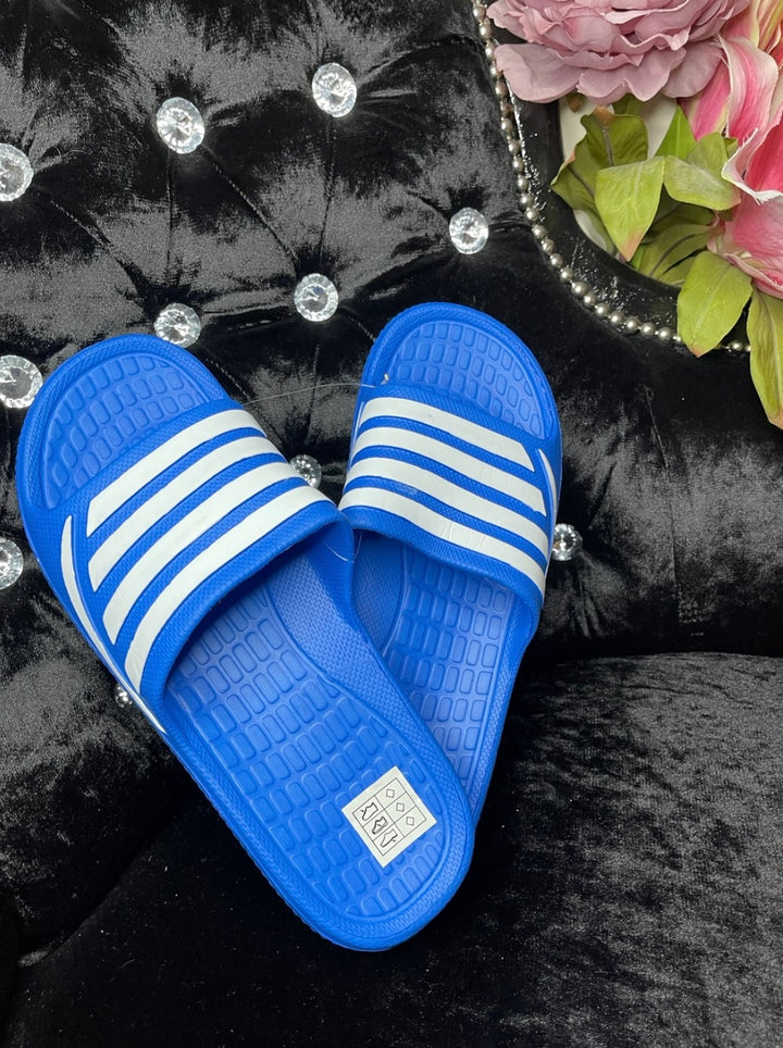 Mens blue slip on sliders with striped strap and cushioned sole