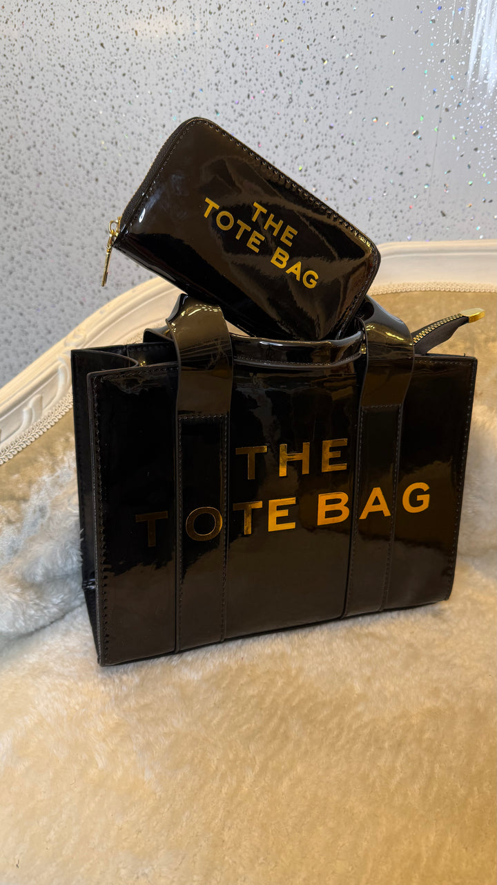 Metallic patent small tote bag and purse set