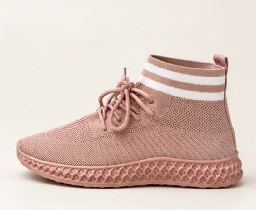 Blush pink sock fit knit trainers with lace-up fastening and striped ankle collar.