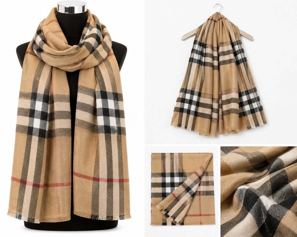 Beige sparkle check woven scarf with black, cream and red detailing and fine fringed edges.