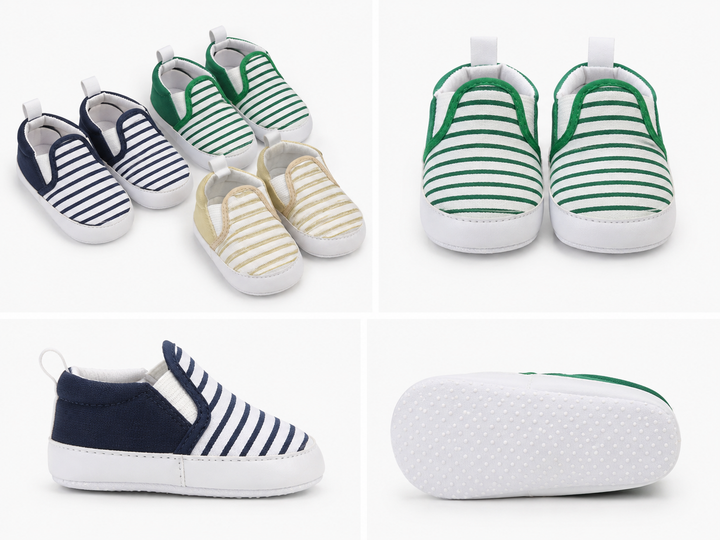 Soft baby crib shoes with striped pattern and flexible non-slip white sole 