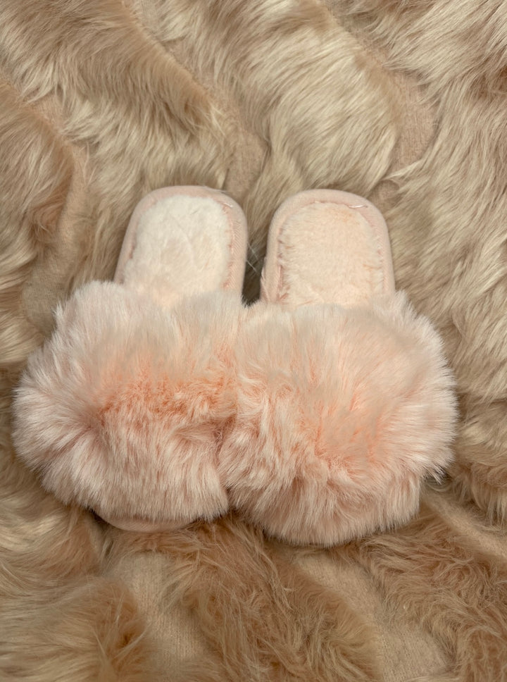 blush pink faux fur open toe slider slippers for kids
