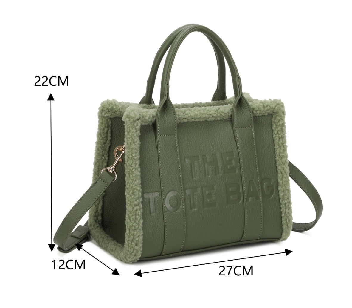 Tote bags with fuzzy edge trim, embossed with ‘The Tote Bag’ on the front