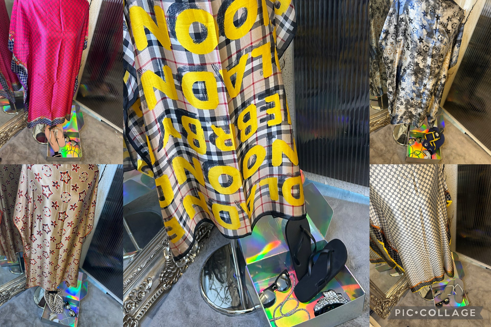 vacation bundle of items for sale that creates a discount when buying as a bundle. Kaftan, sunglasses, sunglasses chain, toe posts and hair clip. Worth 57.50 but we are selling for £27 as the bundle 