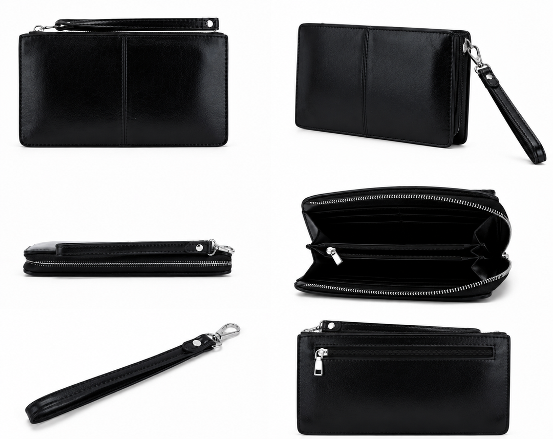 Black expandable purse with wrist strap and silver hardware 