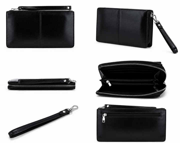 Black expandable purse with wrist strap and silver hardware 