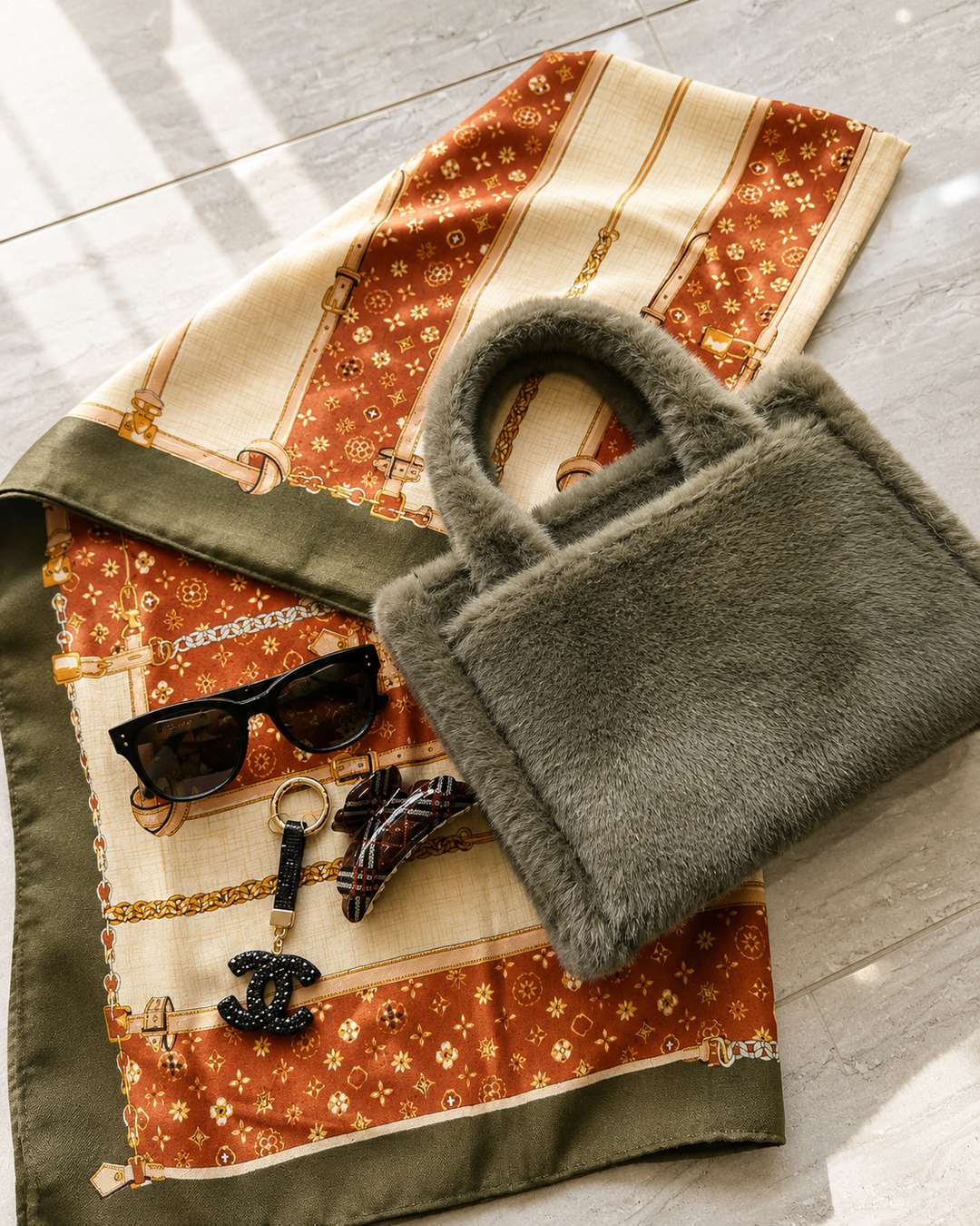 Luxury handbag bundle featuring a matching handbag, coordinating purse and elegant scarf styled together 