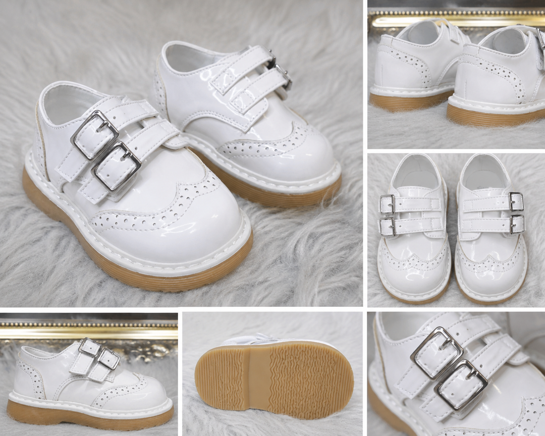 White patent toddler Spanish shoes with double buckle strap