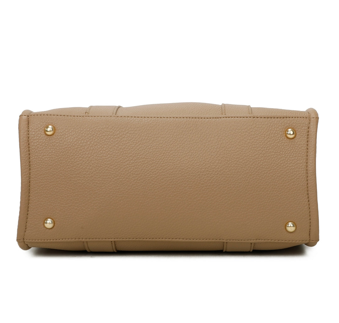 A beige tote bag with embossed ‘The Tote Bag’ text, structured design with top handles and detachable shoulder strap
