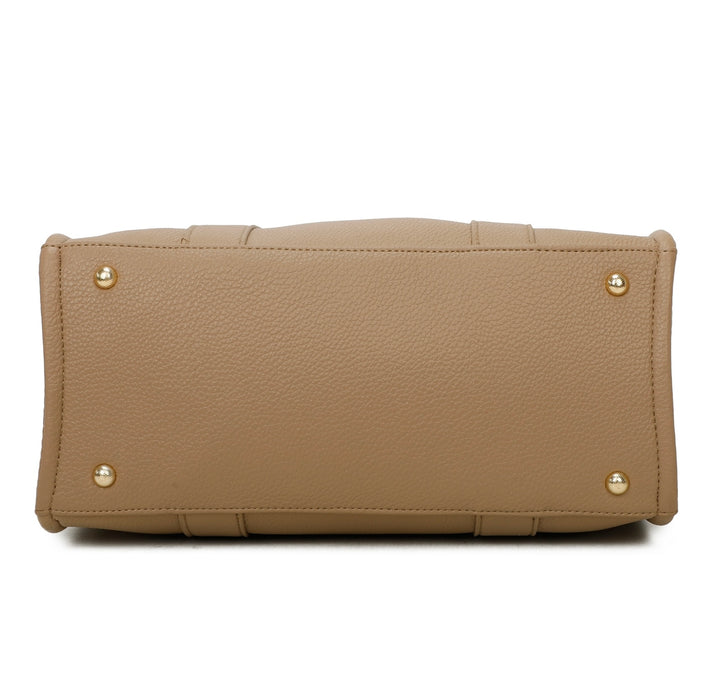 A beige tote bag with embossed ‘The Tote Bag’ text, structured design with top handles and detachable shoulder strap