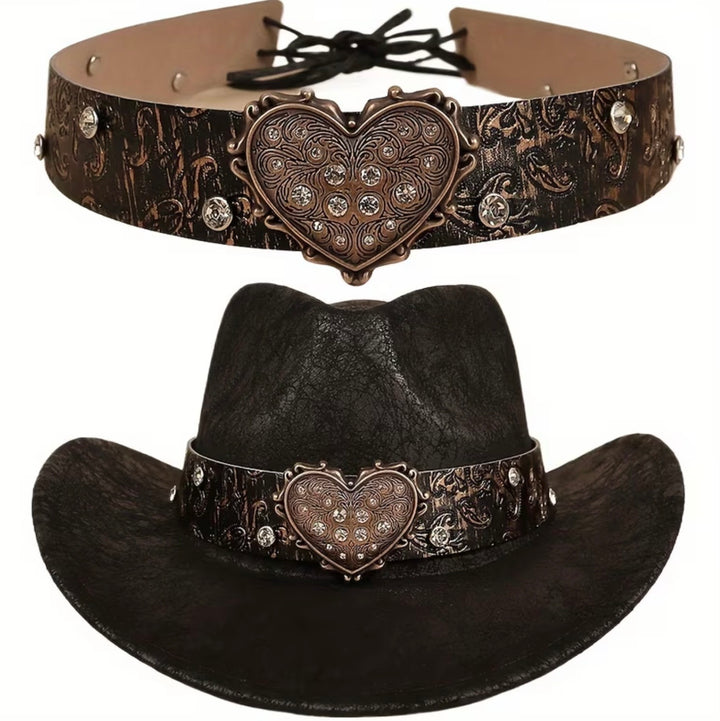 Two brown Western rhinestone heart cowboy hat bands with adjustable tie fastening, hats not included