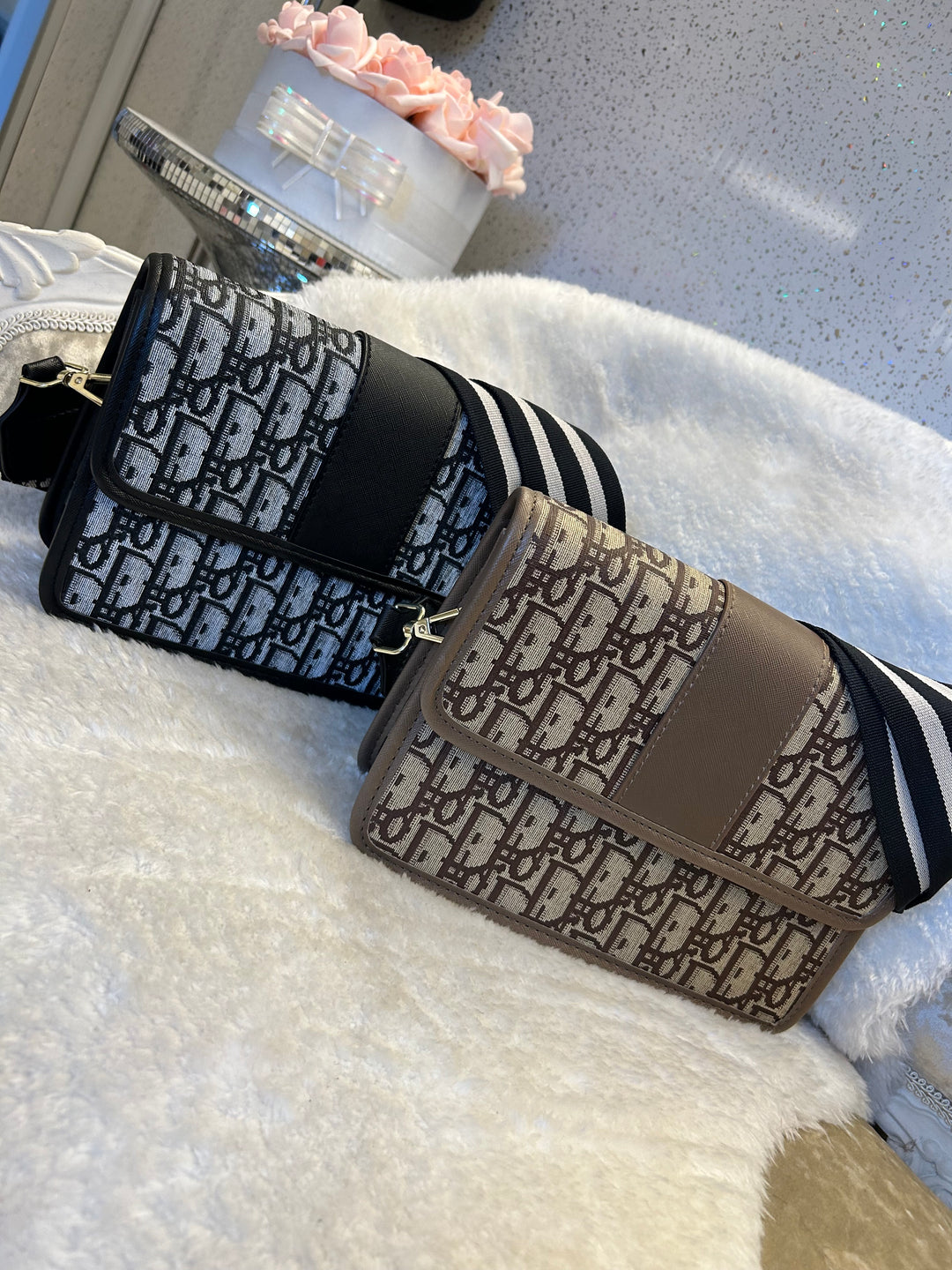Beige and black crossbody handbags with stripe long straps 