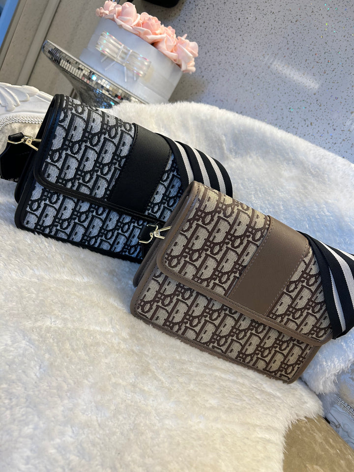 Beige and black crossbody handbags with stripe long straps 