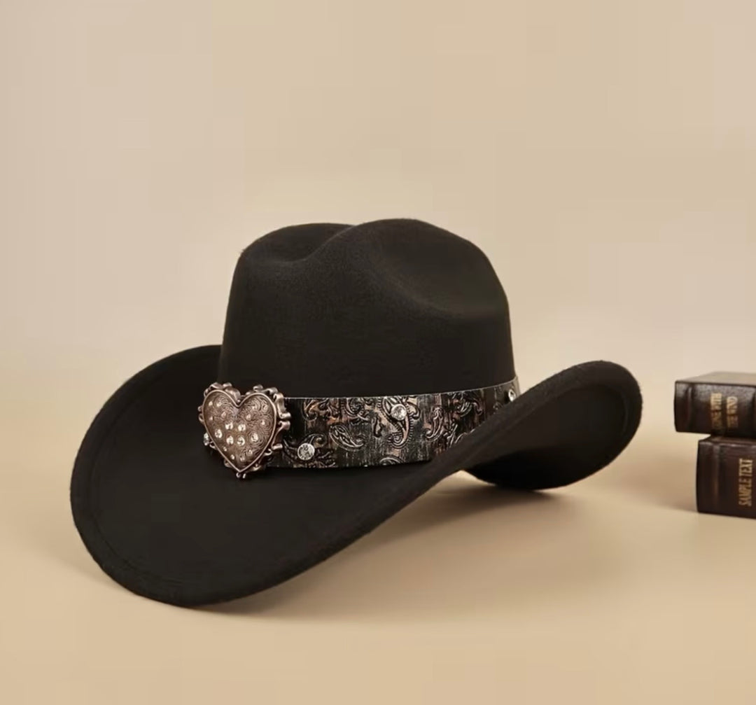 Two brown Western rhinestone heart cowboy hat bands with adjustable tie fastening, hats not included
