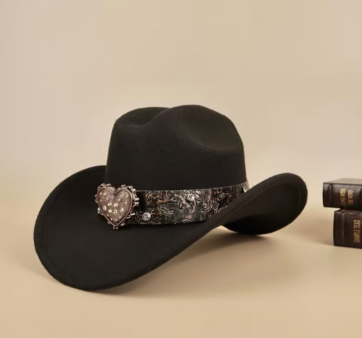 Two brown Western rhinestone heart cowboy hat bands with adjustable tie fastening, hats not included