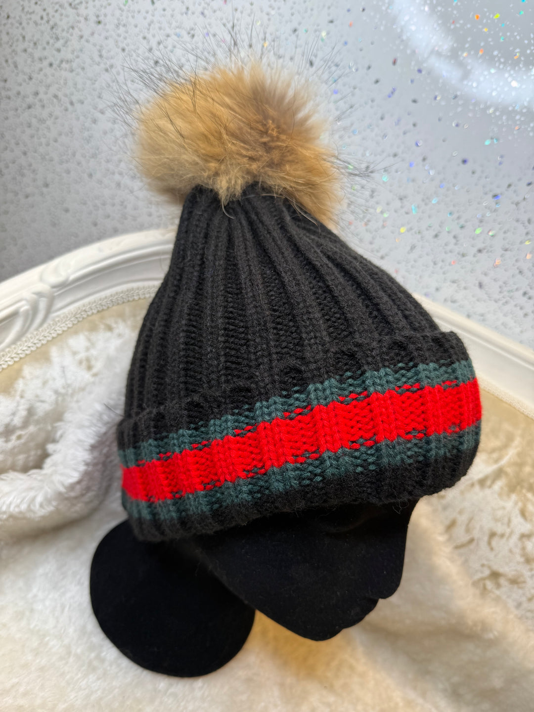 Stripe Hat with Removable Fur Pom Pom