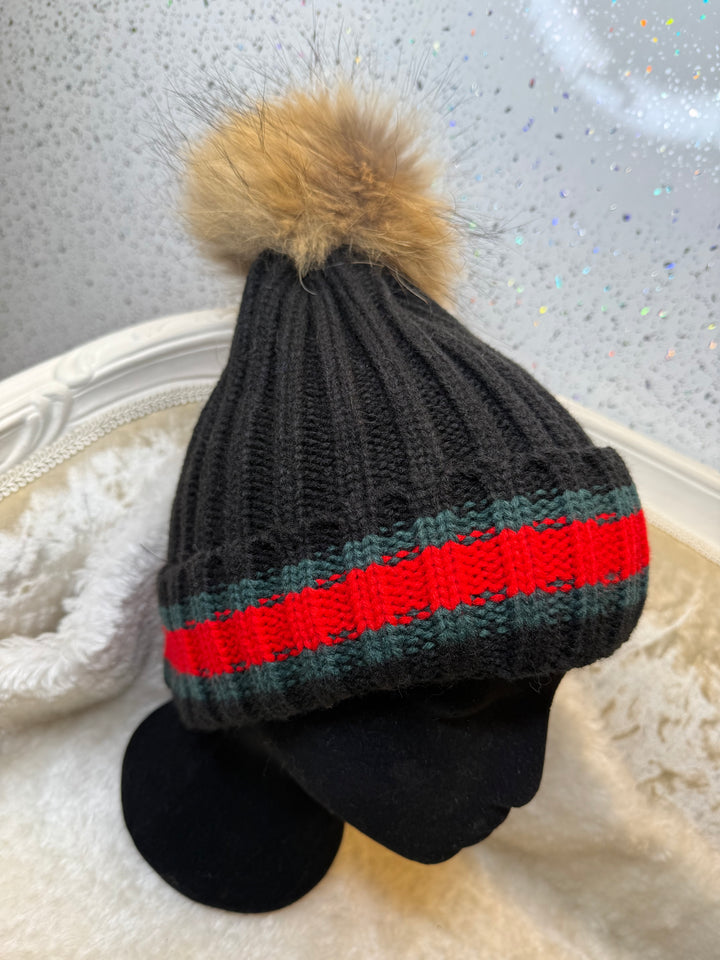 Stripe Hat with Removable Fur Pom Pom