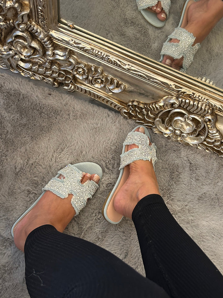 Light Blue sandals sliders with silver  rhinestone embellishments 