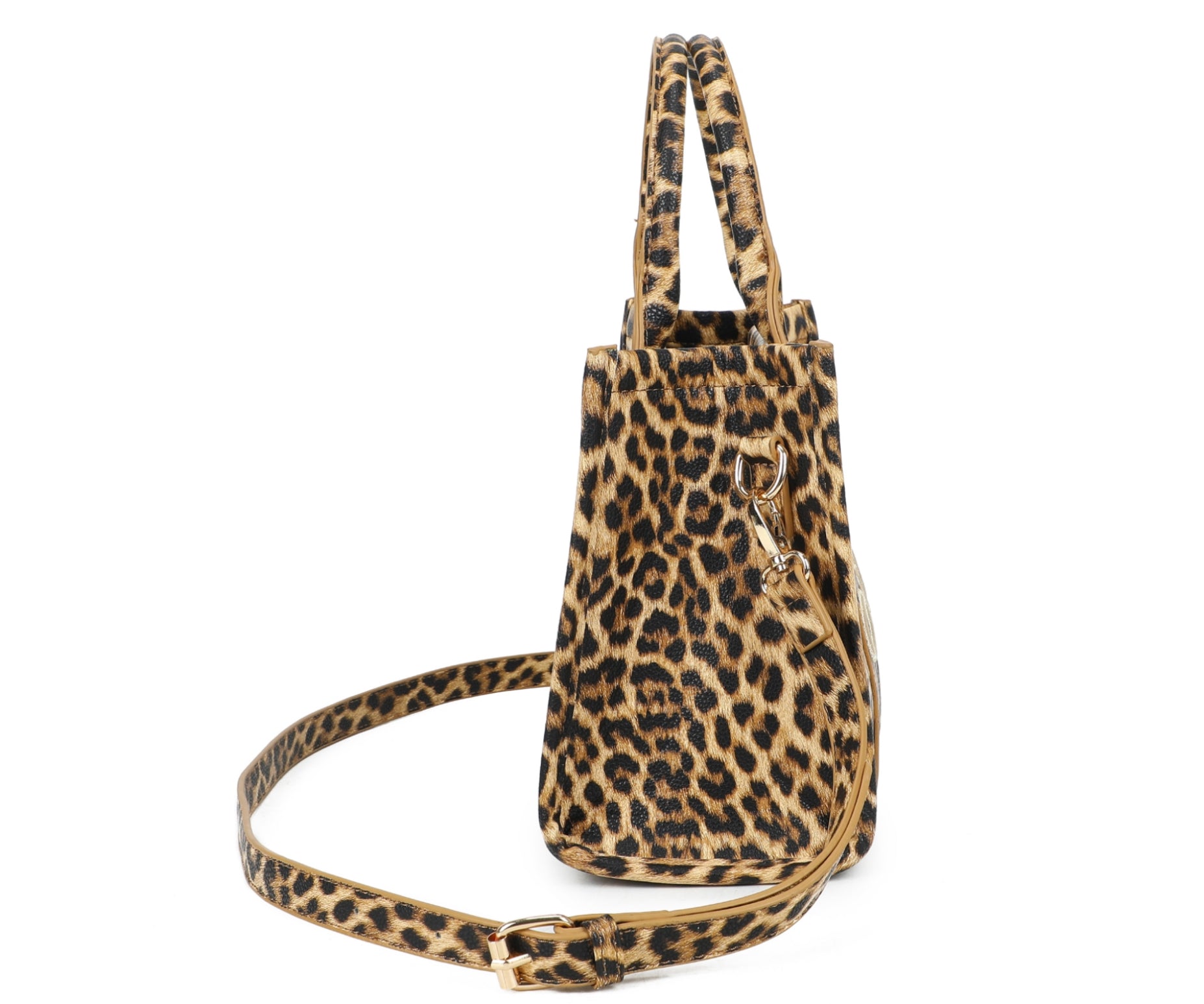 Leopard print tote bag with 'THE TOTE BAG' text with a adjustable detachable long strap