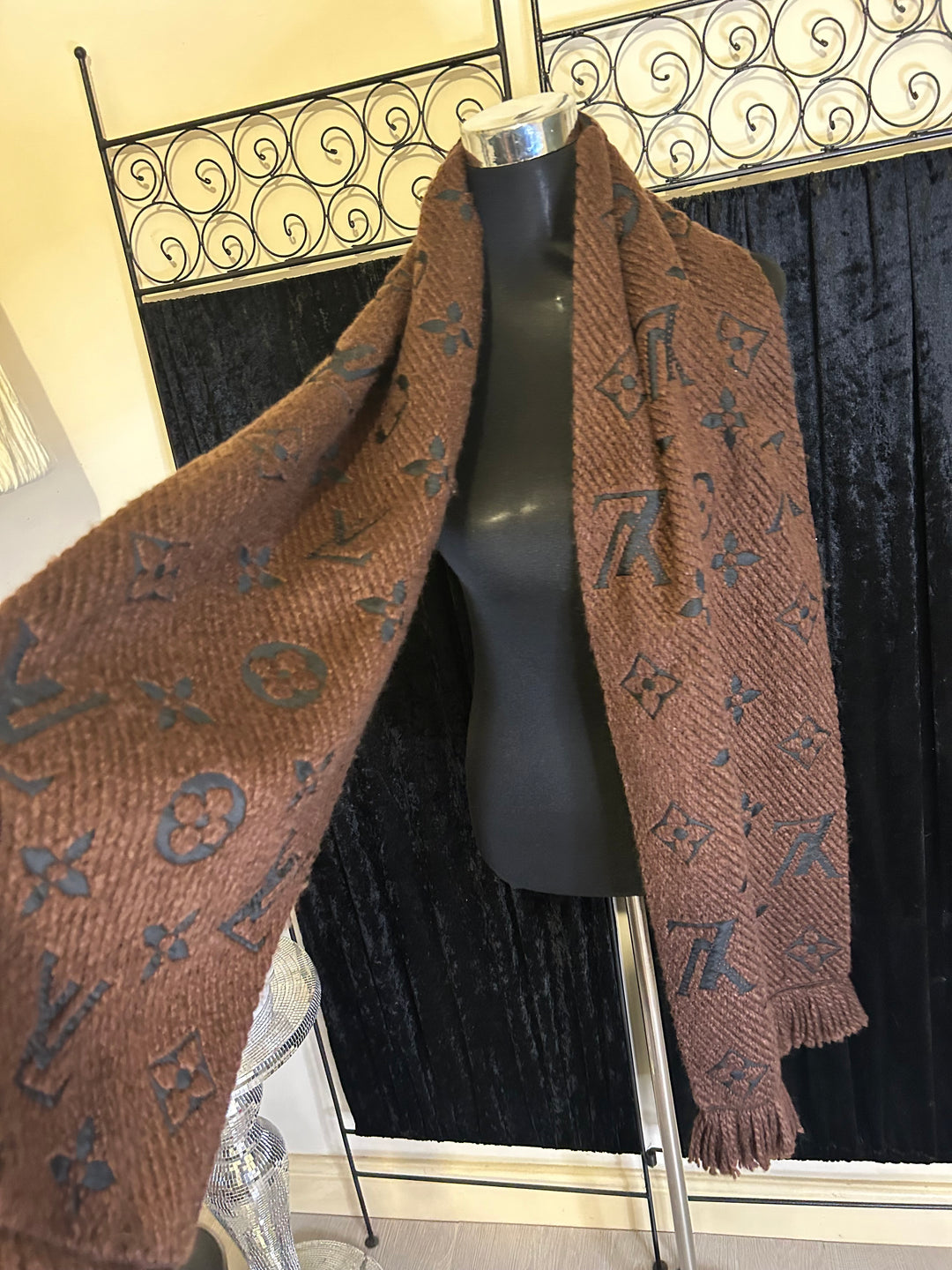 bold inspired letter print design scarf in brown and black