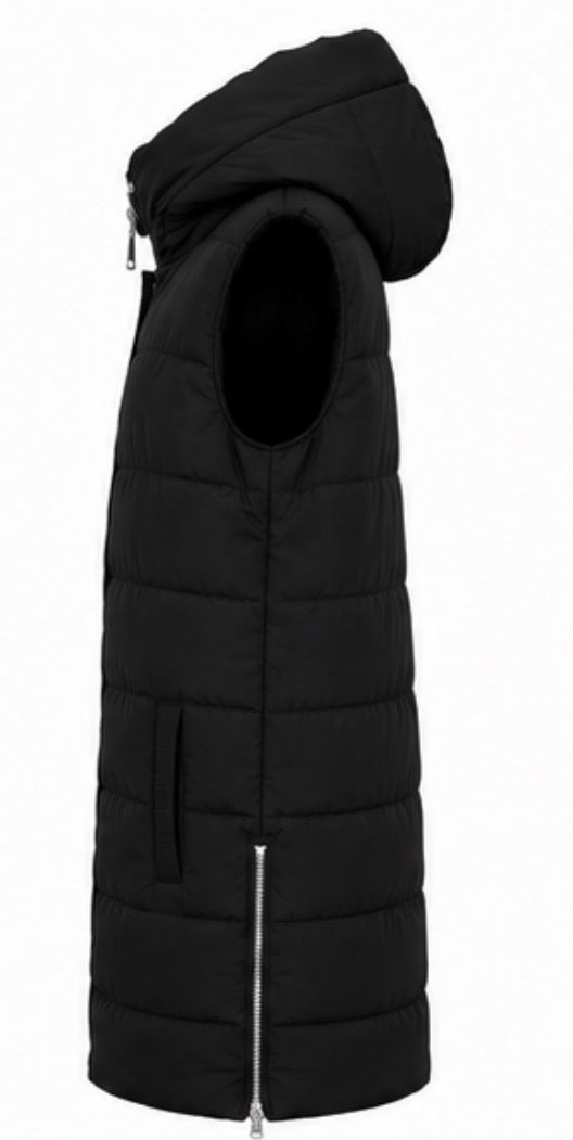 Long black padded gilet with hood, quilted design and front zip fastening, sleeveless puffer bodywarmer with pockets