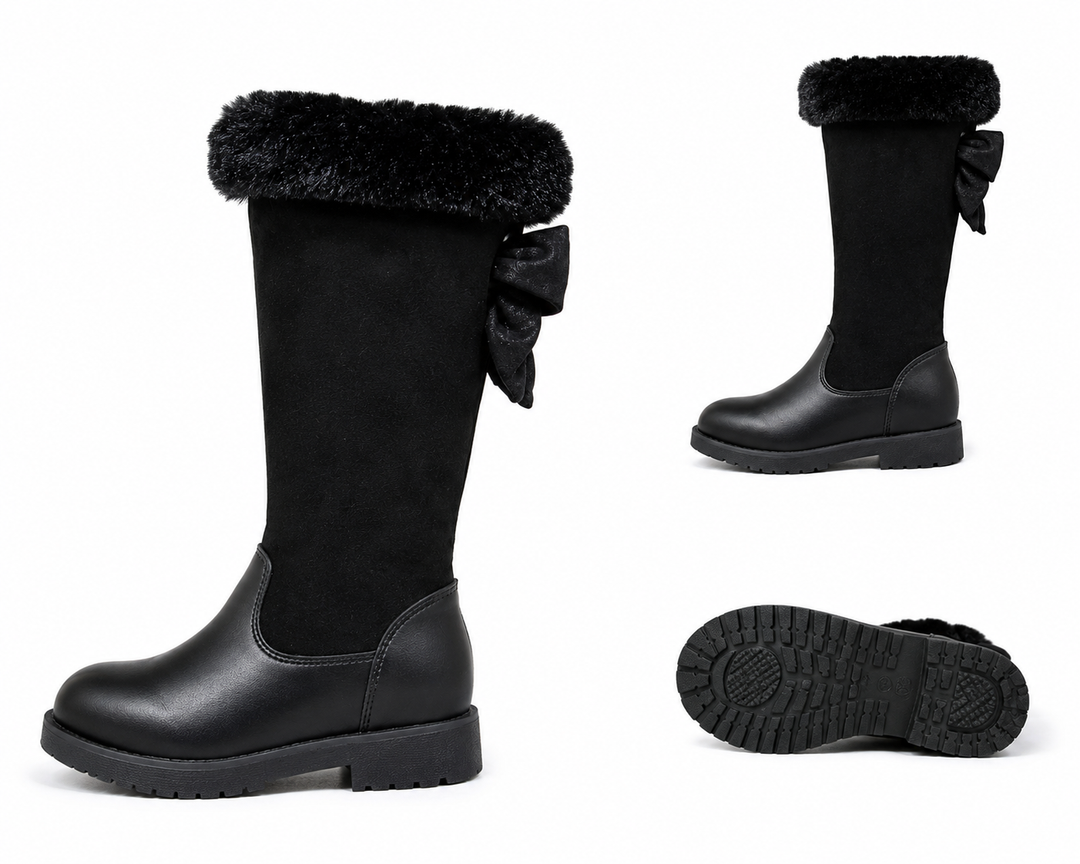 Kids black knee-high winter boots with faux fur trim, side bow detail and chunky sole 