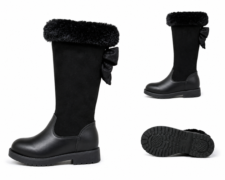 Kids black knee-high winter boots with faux fur trim, side bow detail and chunky sole 