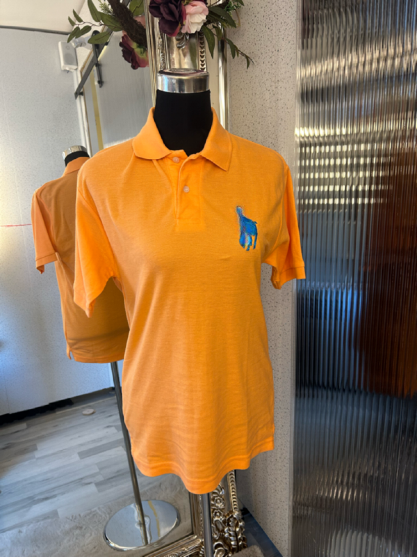 Neon orange and blue polo shirt