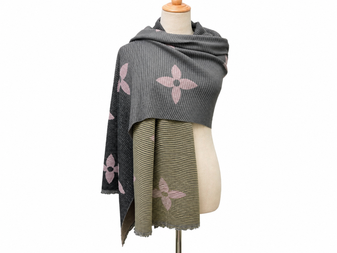 Ribbed colour block scarf in charcoal grey, black and muted olive with dusty pink floral motifs.