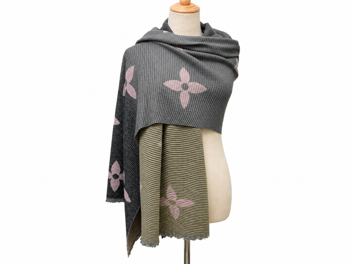 Ribbed colour block scarf in charcoal grey, black and muted olive with dusty pink floral motifs.