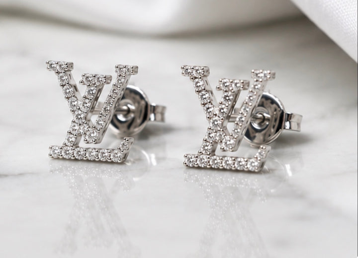 Silver Crystal Monogram Stud Earrings