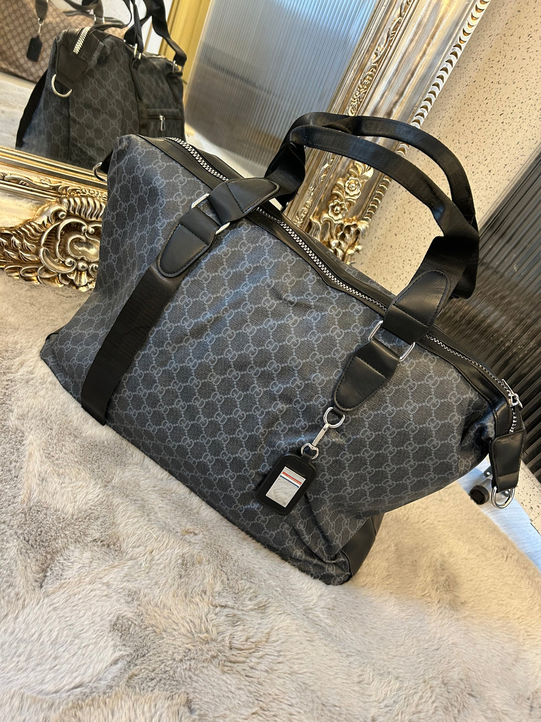 Black checked detail, large holdall luggage travel bag with silver hardware