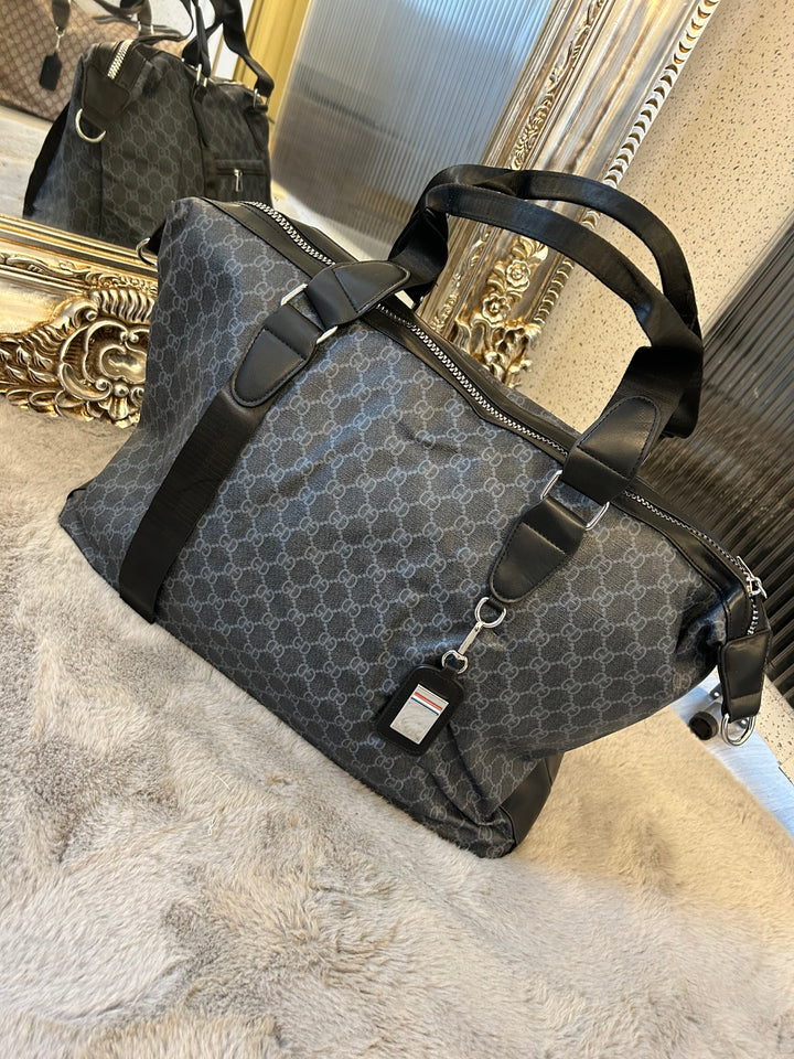 Black checked detail, large holdall luggage travel bag with silver hardware