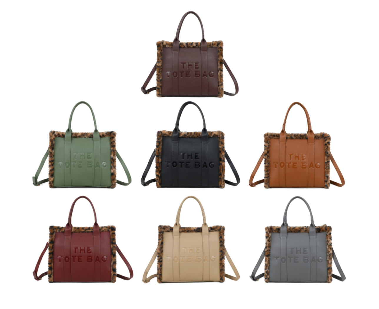 Colourful  tote bag with animal print fur edging 