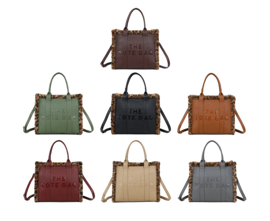 Colourful  tote bag with animal print fur edging 