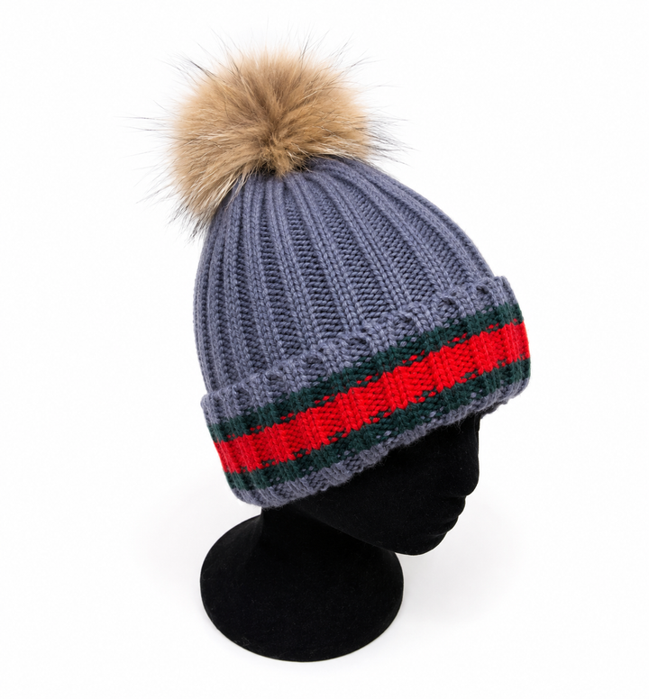 Luxury Ribbed Knit Bobble Hat with Removable Faux Fur Pom Pom