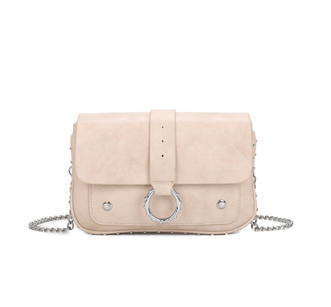faux leather crossbody bag with silver chain strap and statement ring detail fastening.
