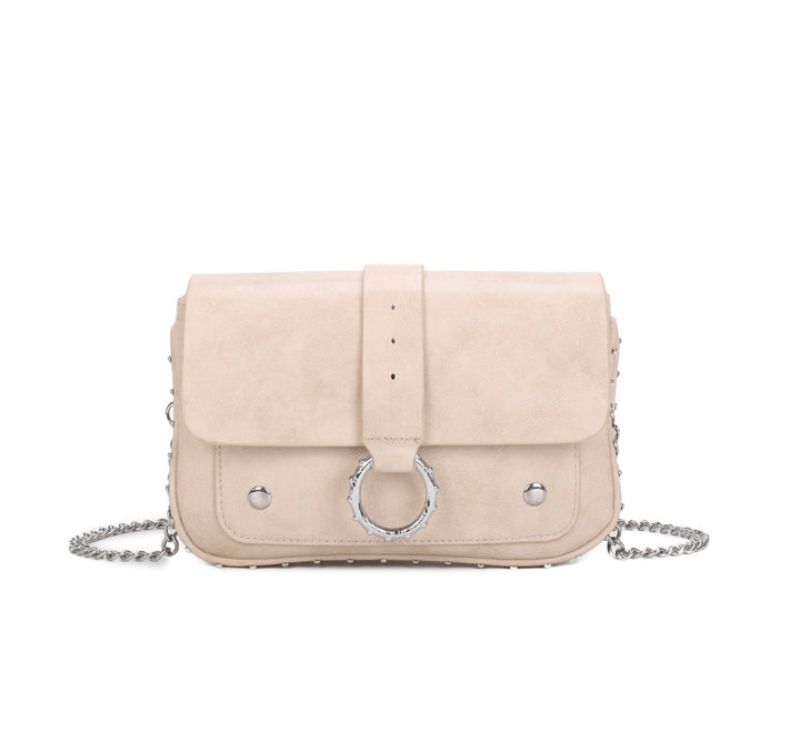 faux leather crossbody bag with silver chain strap and statement ring detail fastening.