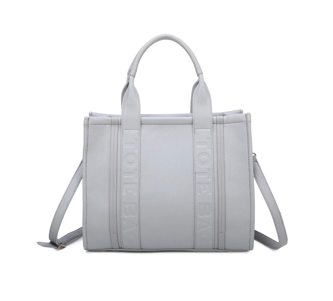 A large stripe print tote bag with double handles and a detachable adjustable long strap in light grey