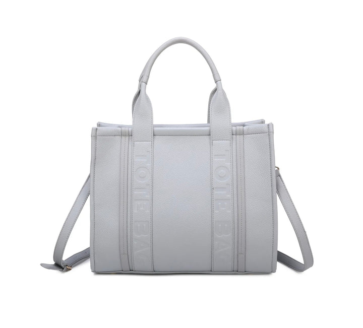 A large stripe print tote bag with double handles and a detachable adjustable long strap in light grey