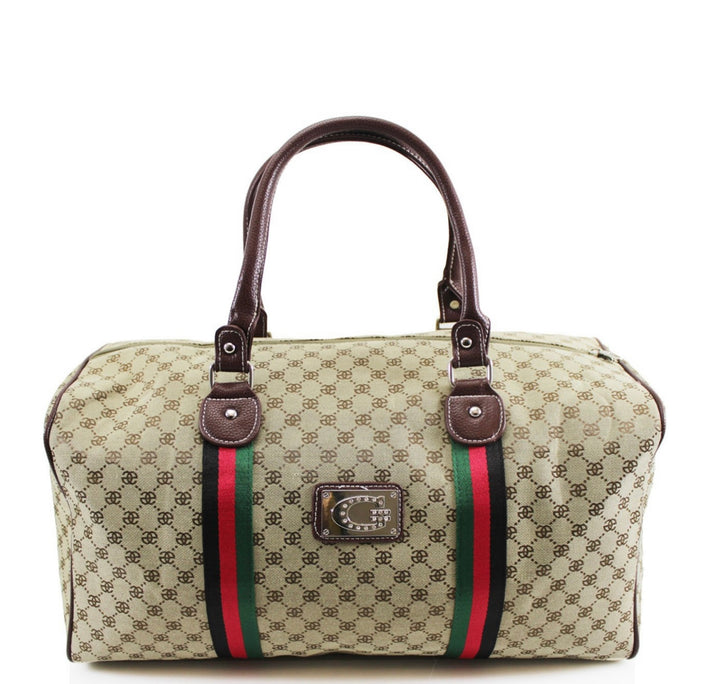 A beige holdall luggage bag with a stripe pattern, featuring red and green accents and a brand plaque.