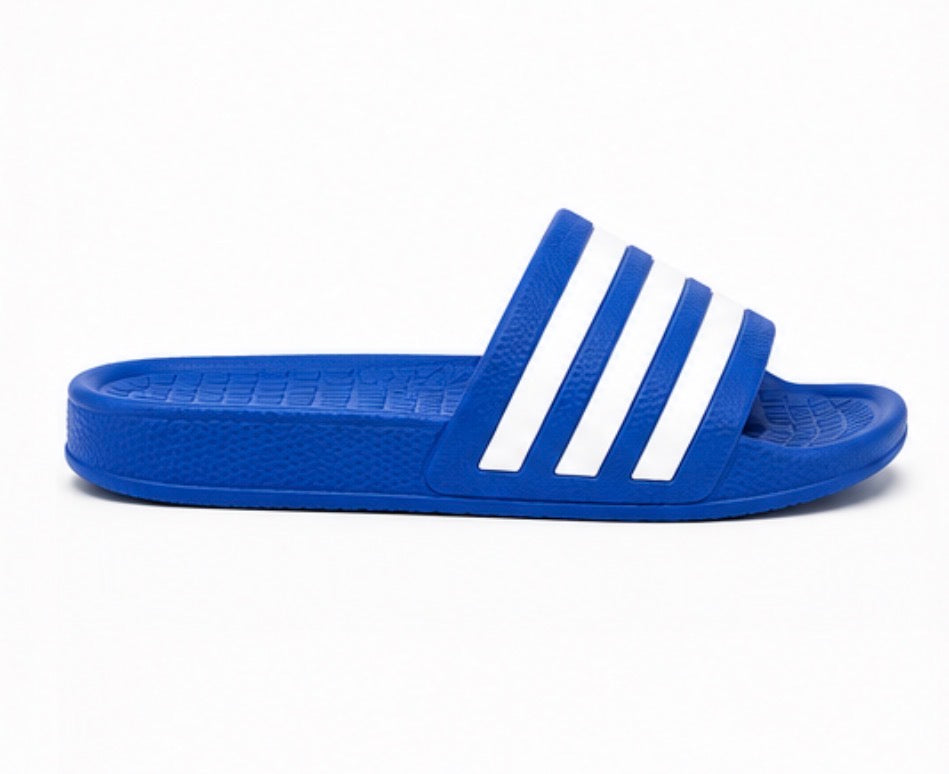 Blue slider sandals with white stripe detail