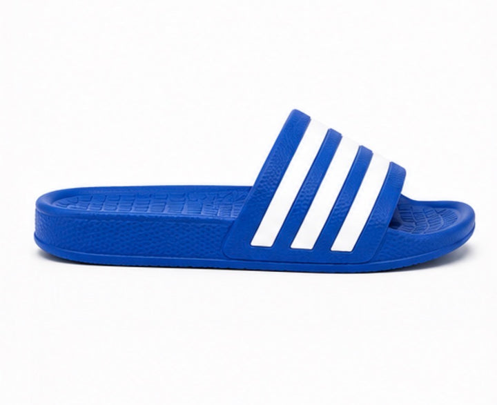 Blue slider sandals with white stripe detail