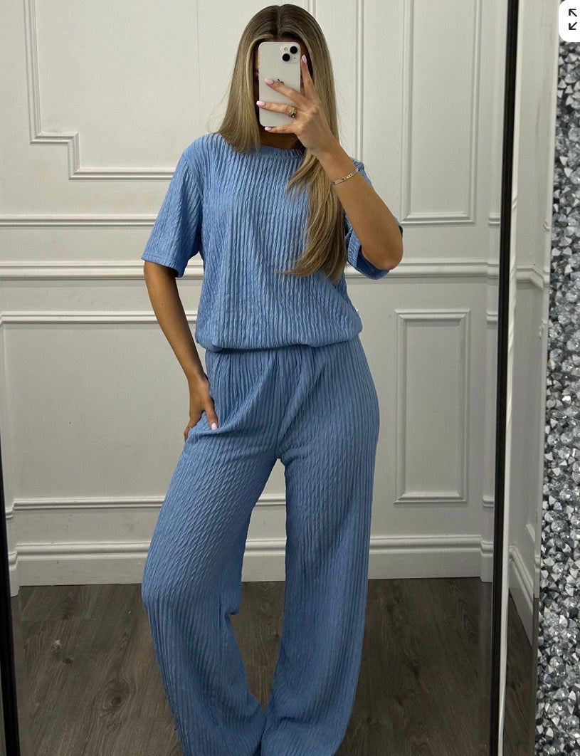 Ribbed Sleeve Top &amp; Wide Leg Trouser Co-Ord Set